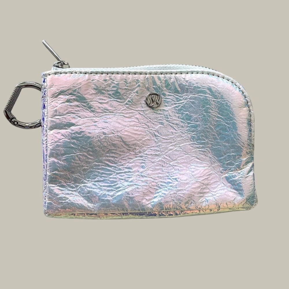Lululemon Clippable Card Pouch Iridescent Silver Holographic Wallet Keychain